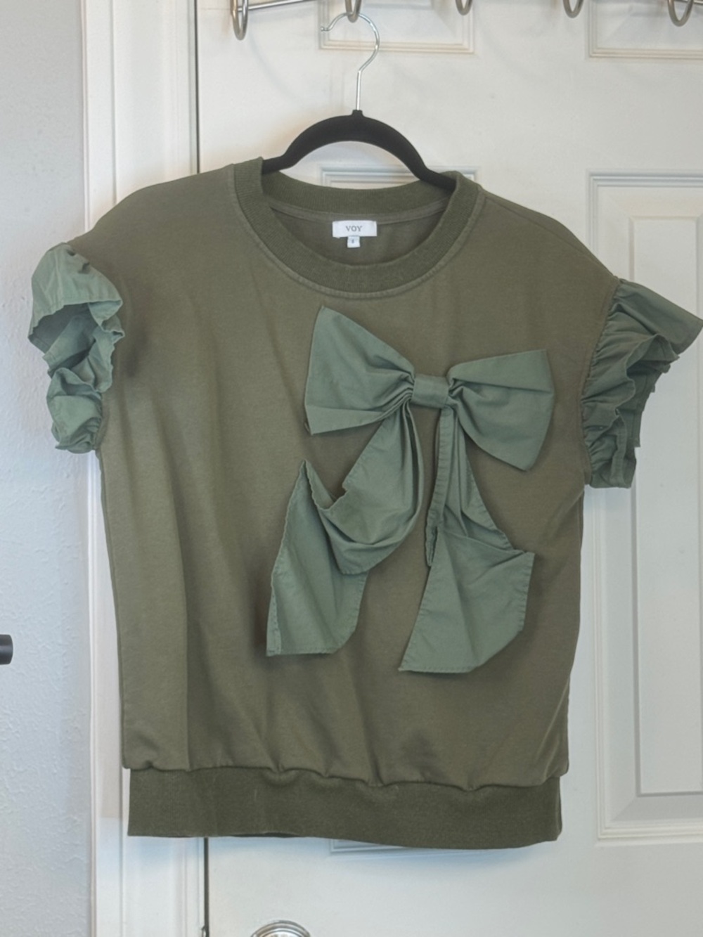 VOY Olive Bow-Accent Short Sleeve Blouse